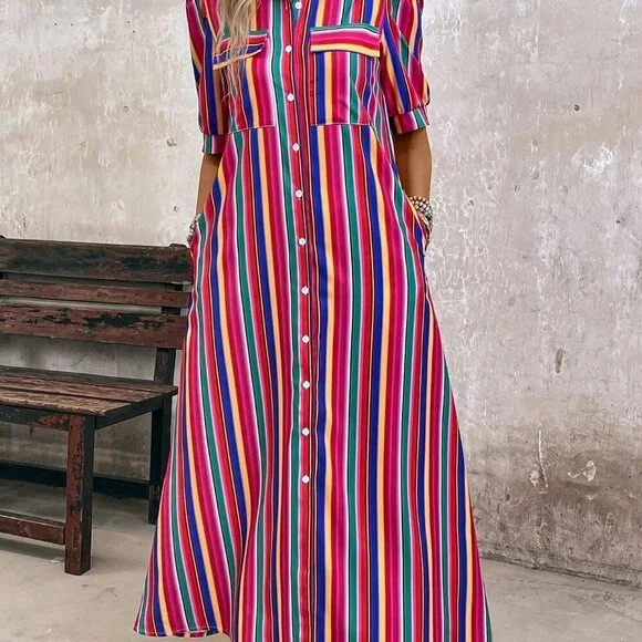 Multicolor Casual Women's Vacation Colorful Striped Front Buttoned Maxi Dress - Picture 5 of 7